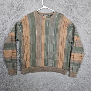 Segreto Mens Vintage Patchwork Geometric Knit Sweater Earth Tones Size Large